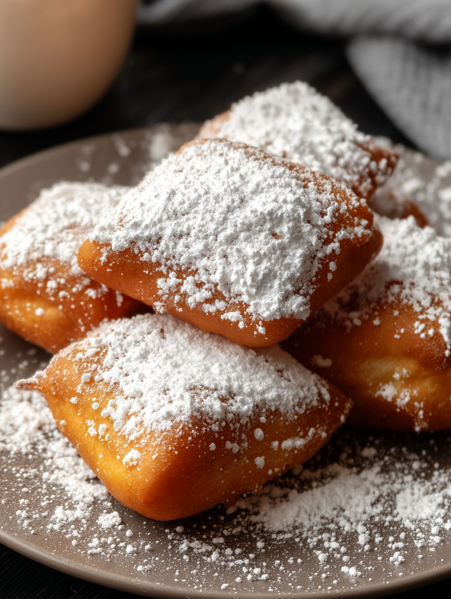 Ein Teller mit Puderzucker bestäubten Krapfen.