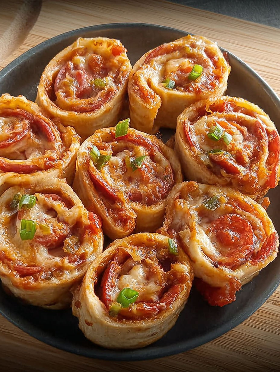 Ein Teller voller Tortilla-Pizza-Röllchen.