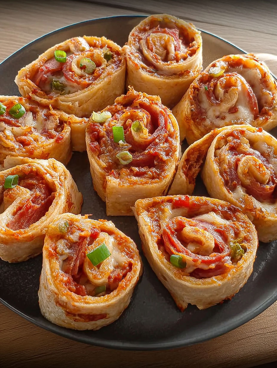 Ein Teller voller Tortilla-Pizza-Röllchen.