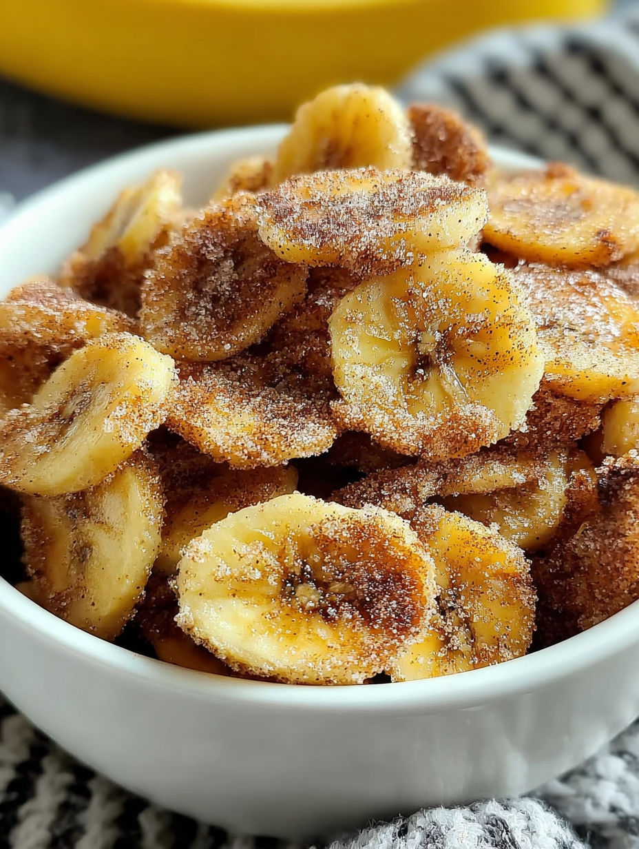 Eine Schale mit Zimt Zucker Bananenchips aus der Heißluftfritteuse.