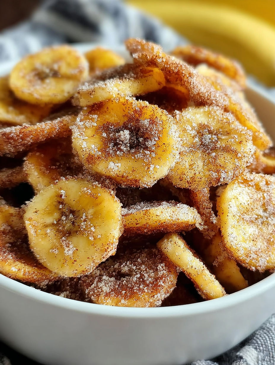 Eine Schale mit Zimt-Zucker Bananenchips aus der Heißluftfritteuse.