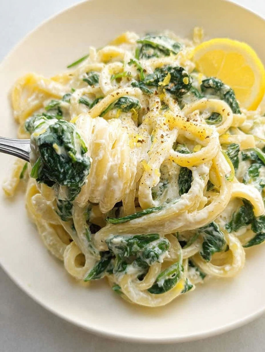 Ein Teller mit Pasta, Spinat und Zitrone.
