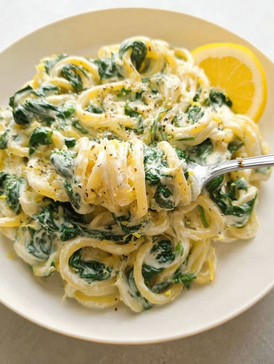 Ein Teller mit Pasta, Spinat und Zitrone.