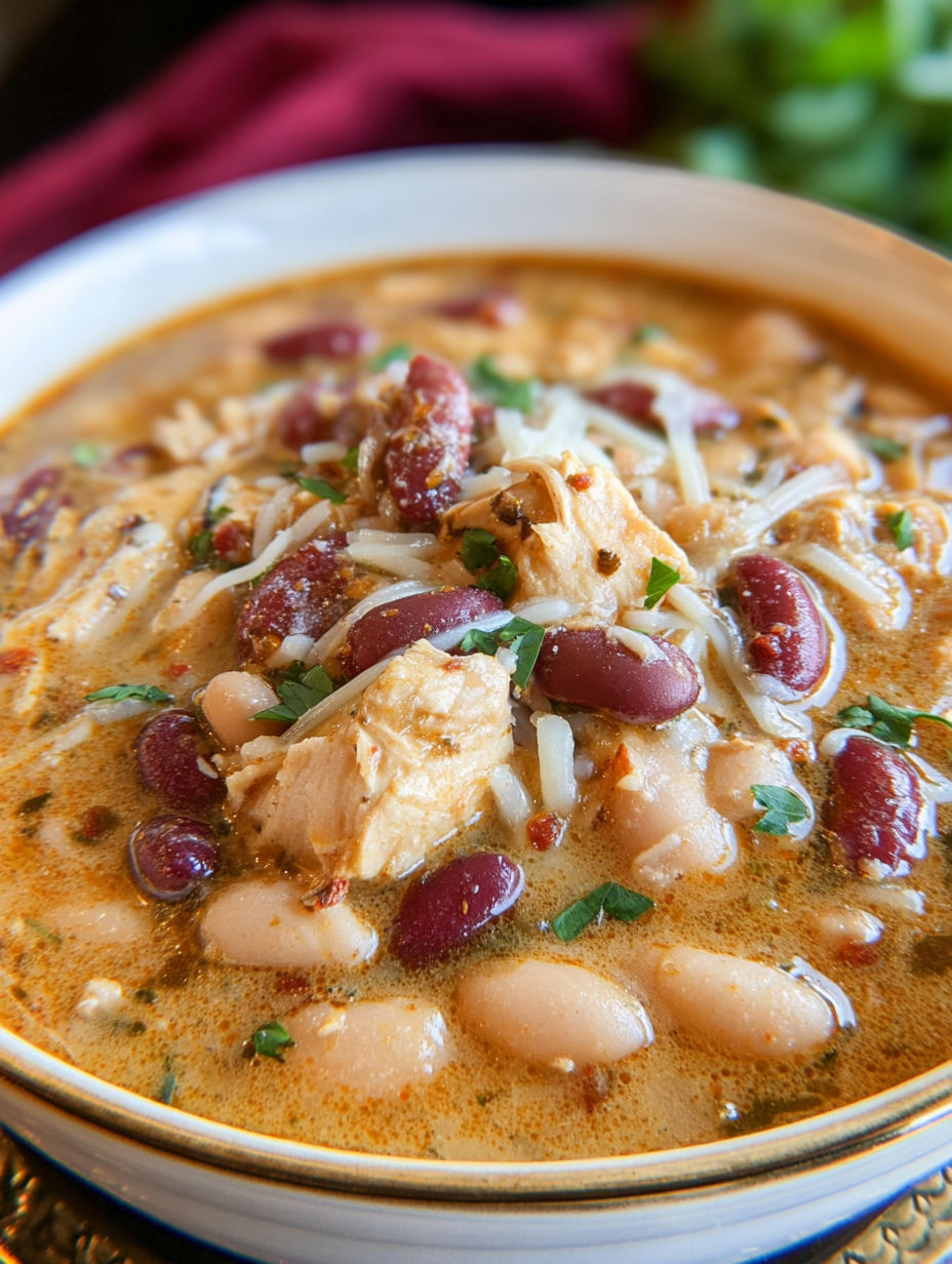 Eine Schüssel cremiges Cajun Huhn Chili.