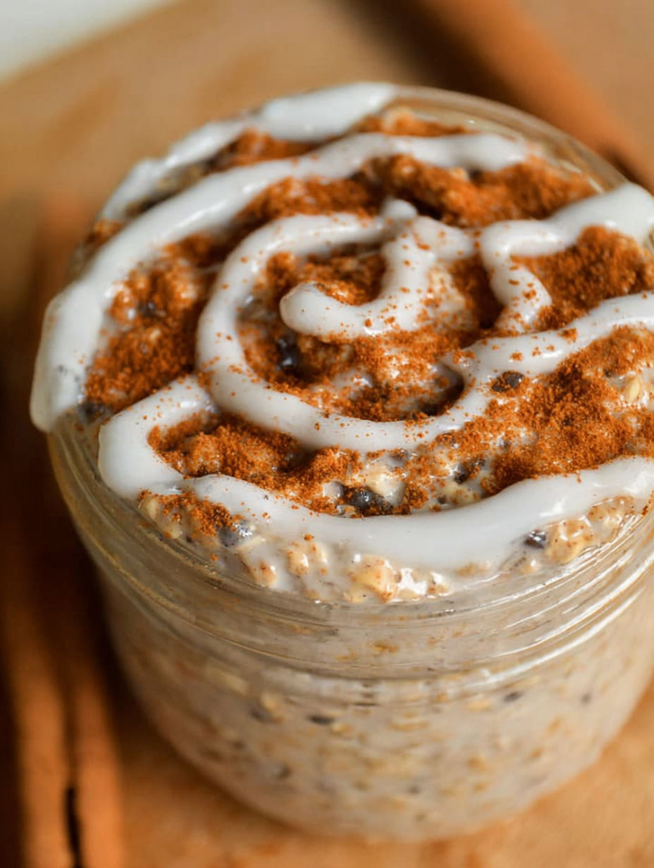 Ein Glas mit Zimtrolle-Haferbrei.