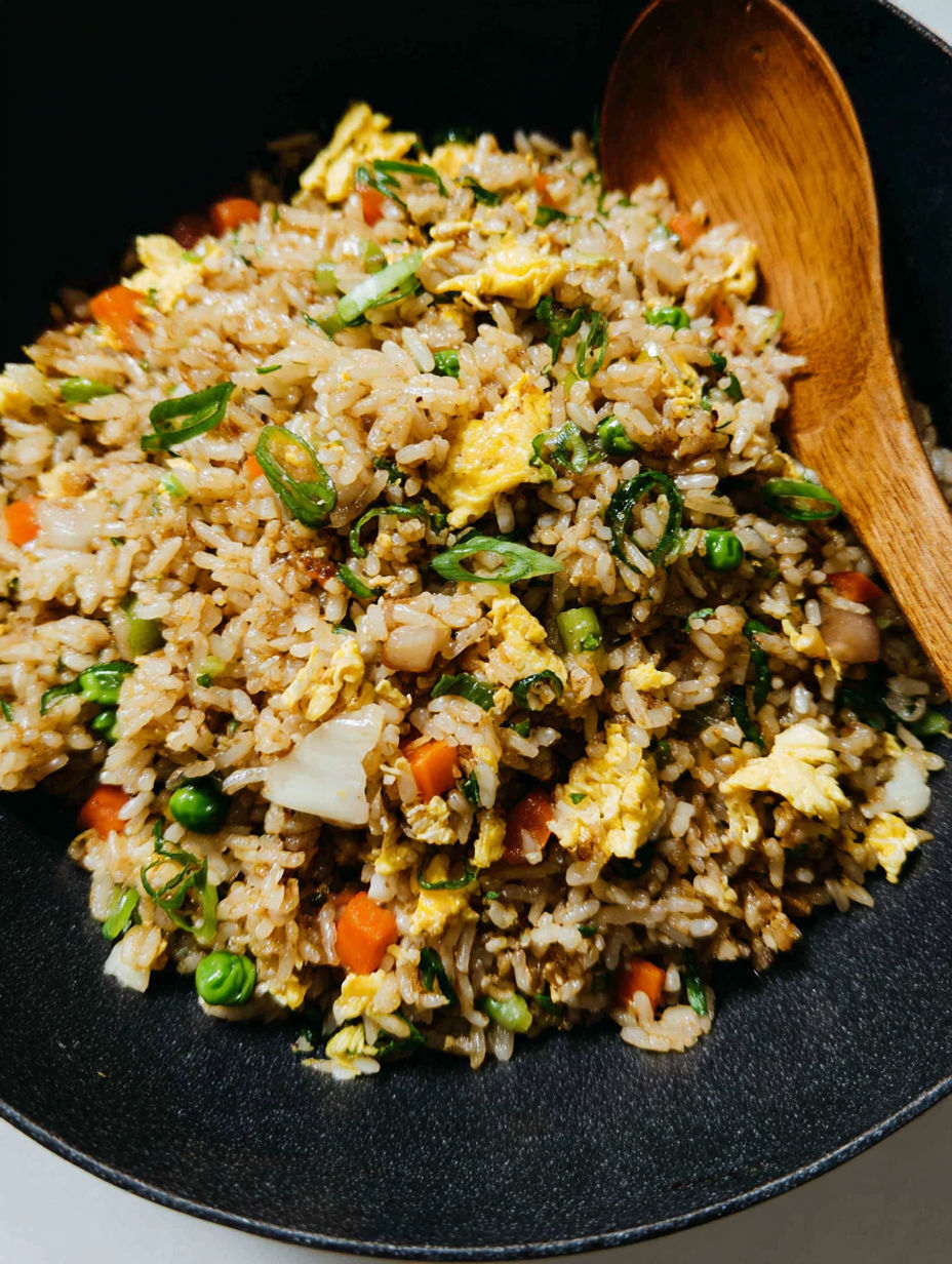 Eine Schüssel Reis mit Gemüse und Ei.