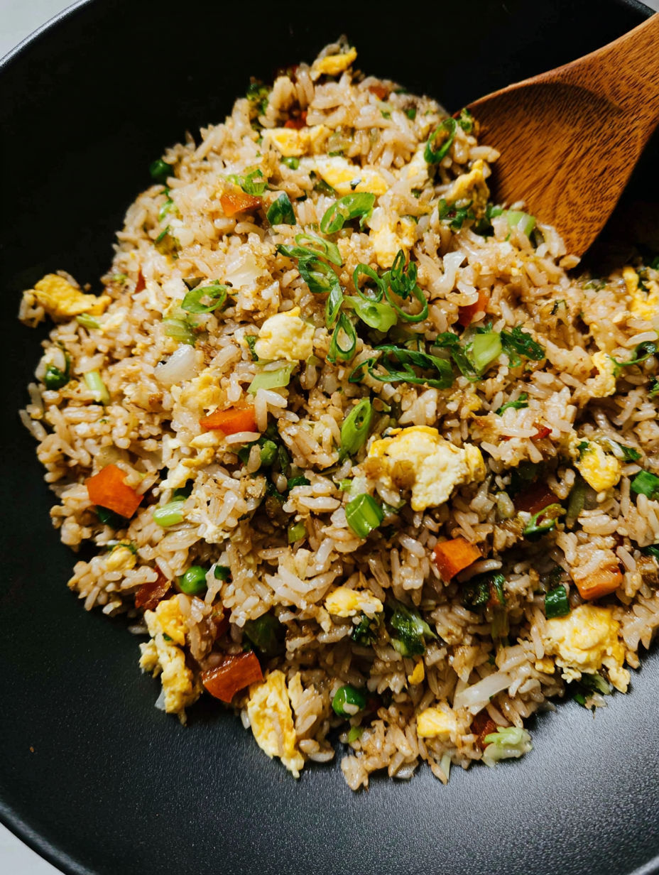 Eine Schüssel Reis mit Eiern und Gemüse.