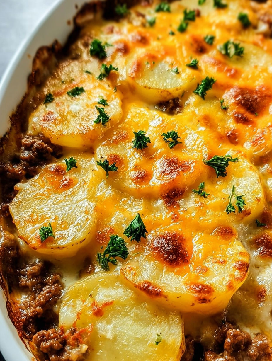 Leckerer Hobo Auflauf mit Rinderhack und Kartoffeln.