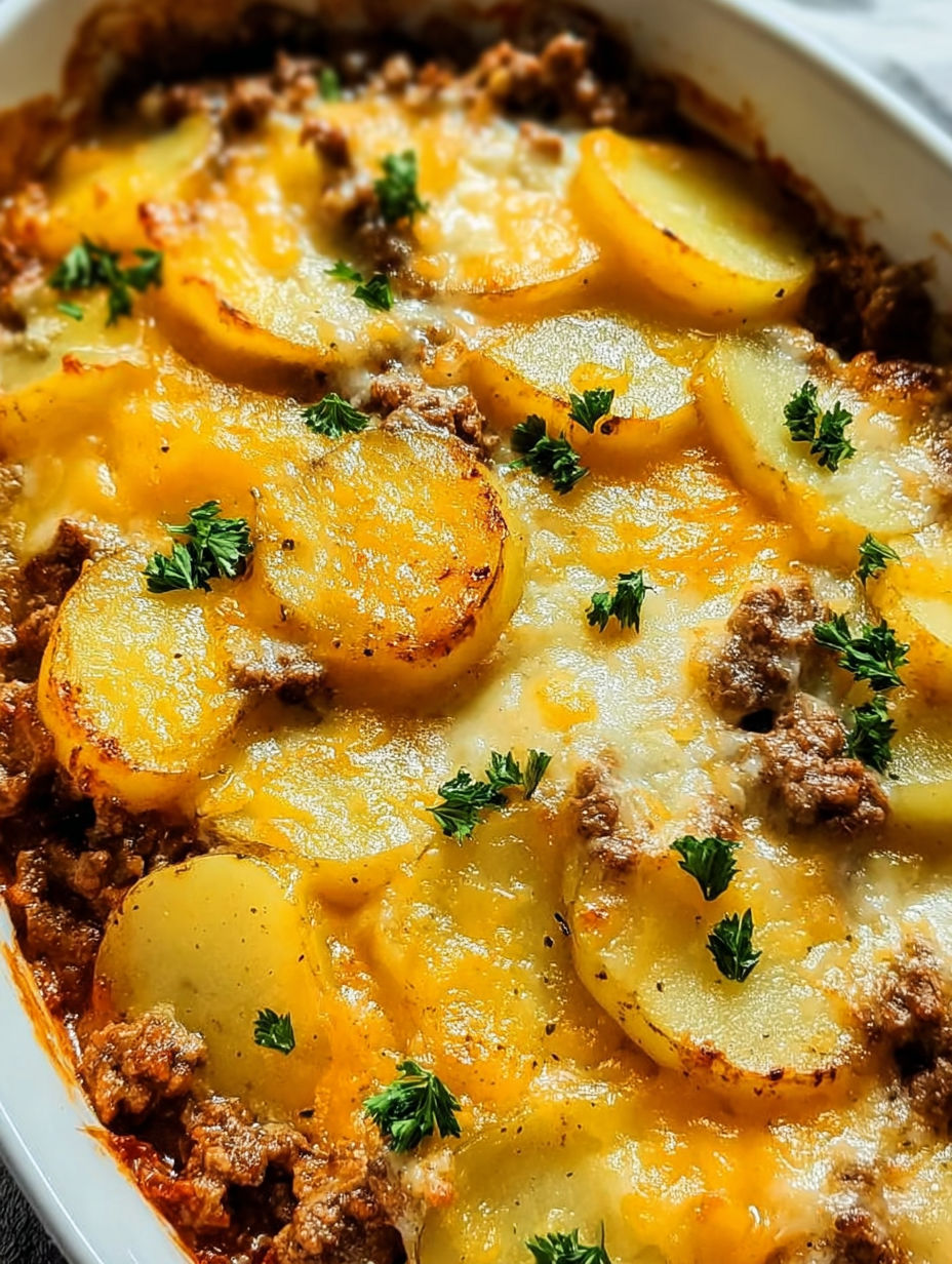 Nahaufnahme von leckerem Auflauf mit Hackfleisch und Kartoffeln.