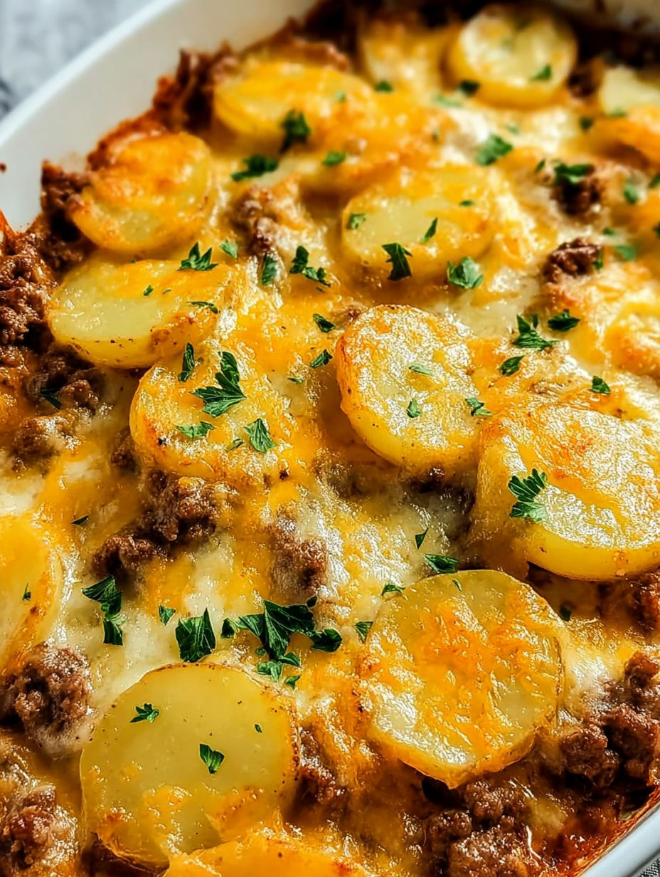 Nahaufnahme von Auflauf mit Hackfleisch und Kartoffeln.