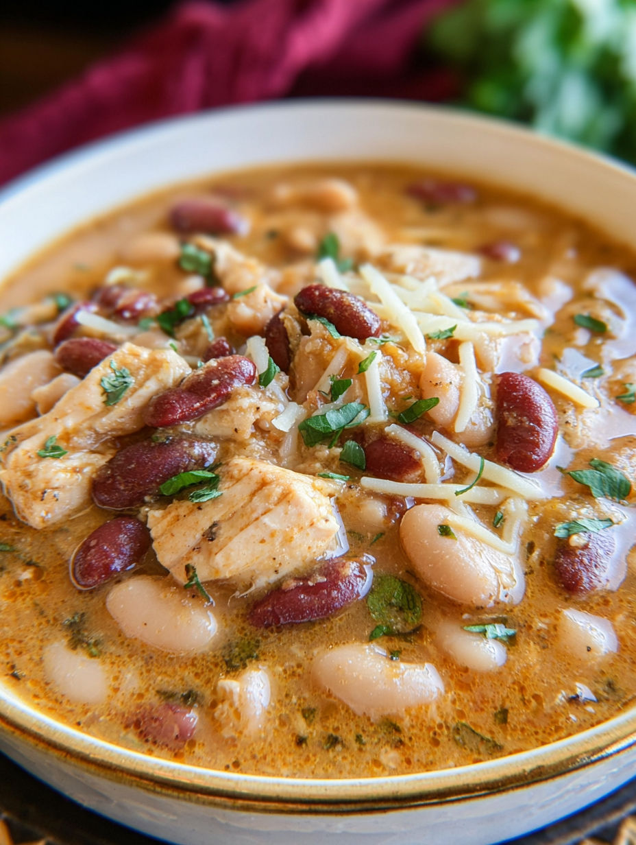 Schüssel mit cremigem weißen Hähnchen-Chili im Cajun-Stil.