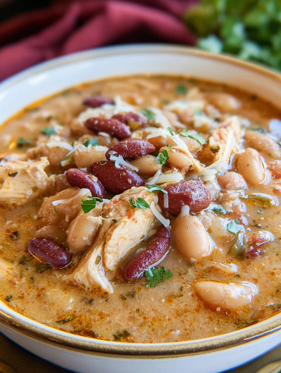 Schüssel mit würzigem weißen Hähnchen-Chili aus Cajun-Art.