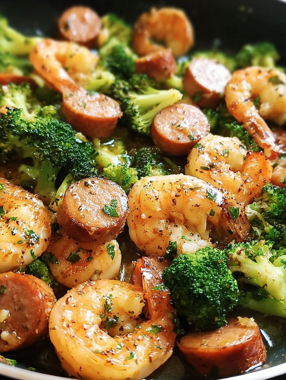 Ein Teller mit Knoblauchbutter-Garnelen, Wurst und Broccoli.
