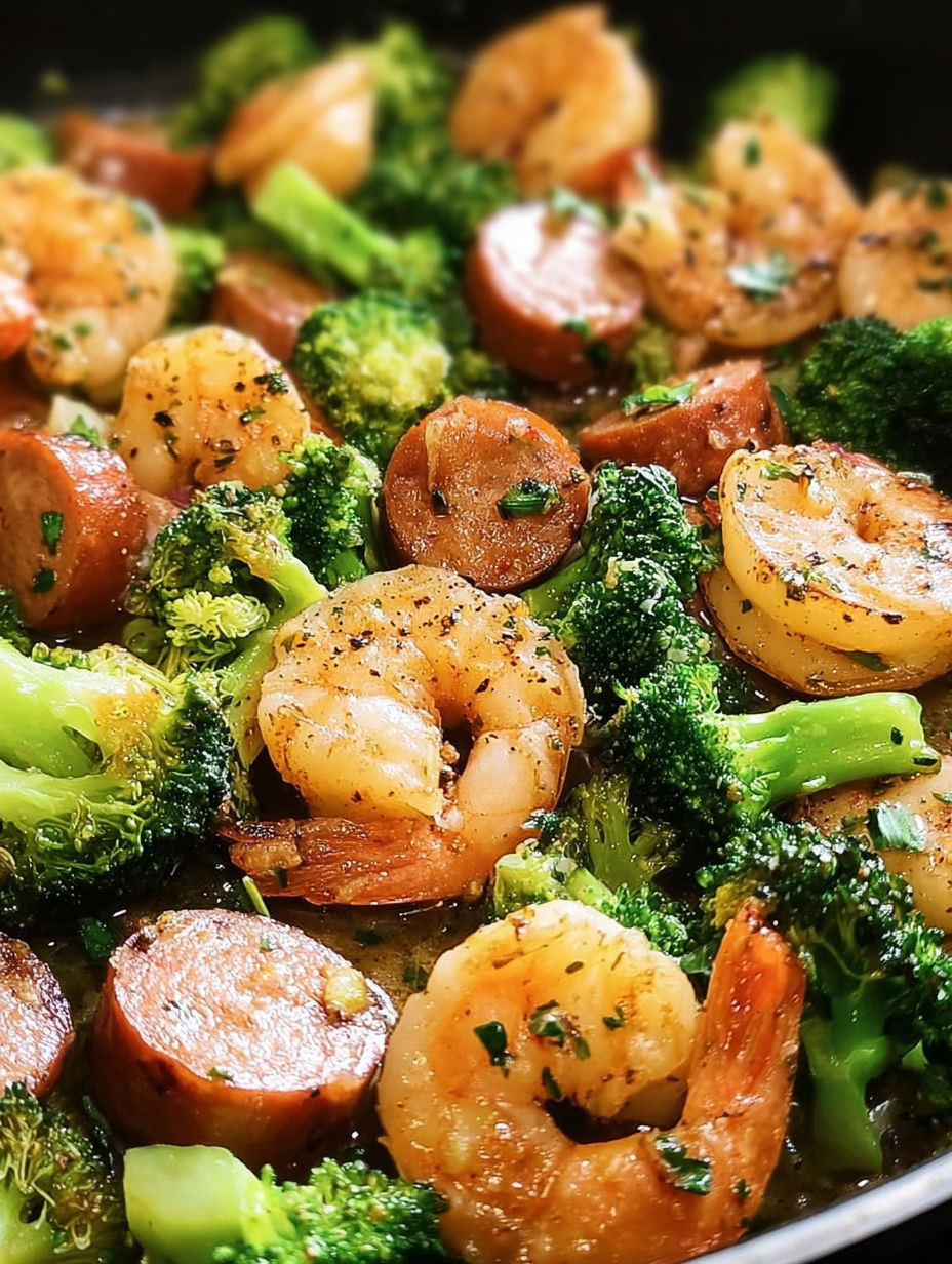 Knoblauchbutter-Garnelen mit Wurst und Broccoli auf einem Teller.