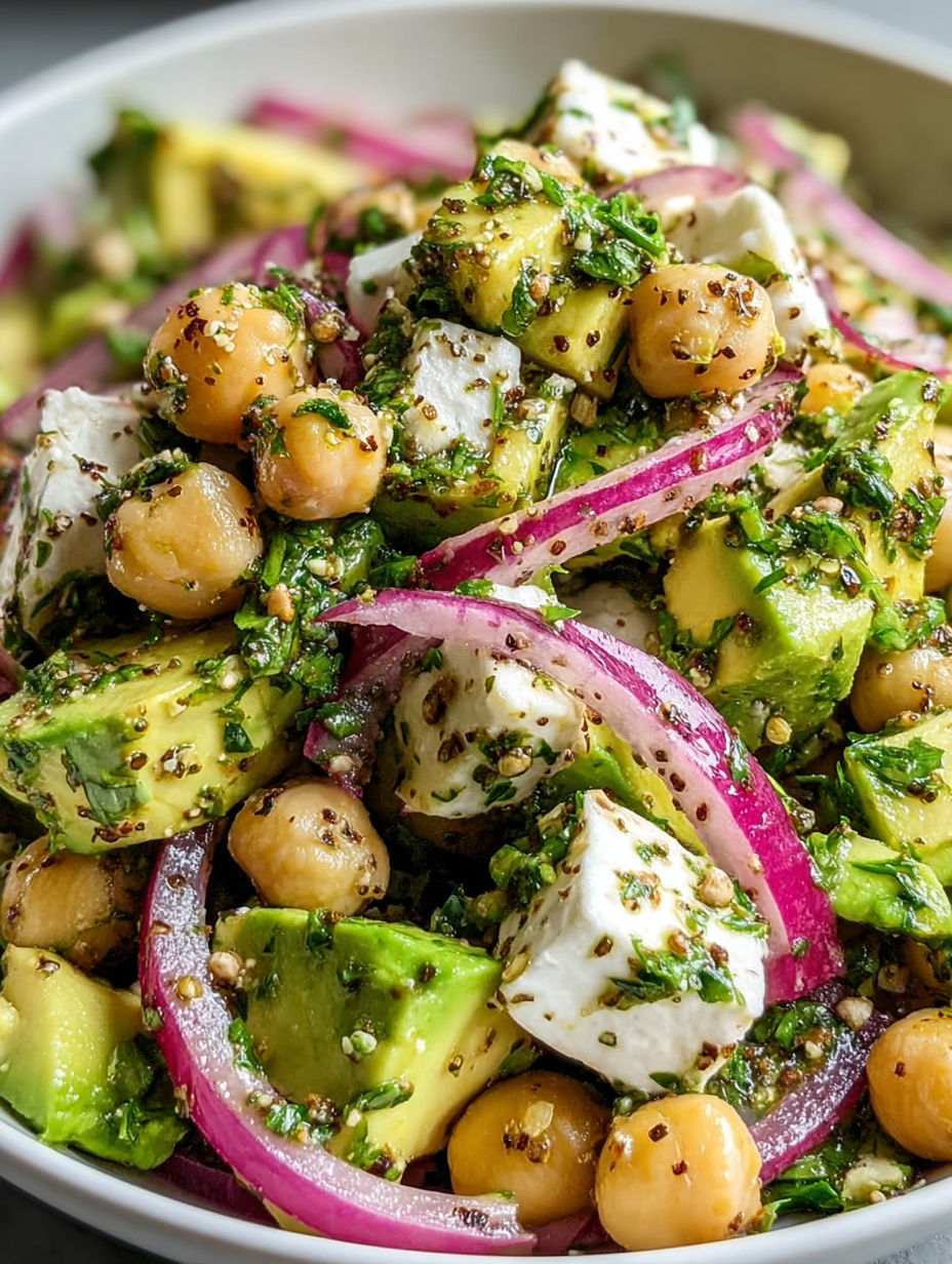 Ein Salat aus Kichererbsen, Feta, Avocado und Zwiebeln.