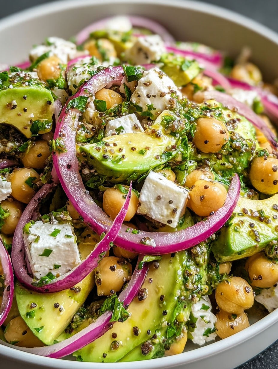 Salat aus Kichererbsen, Feta, Avocado und Zwiebeln.