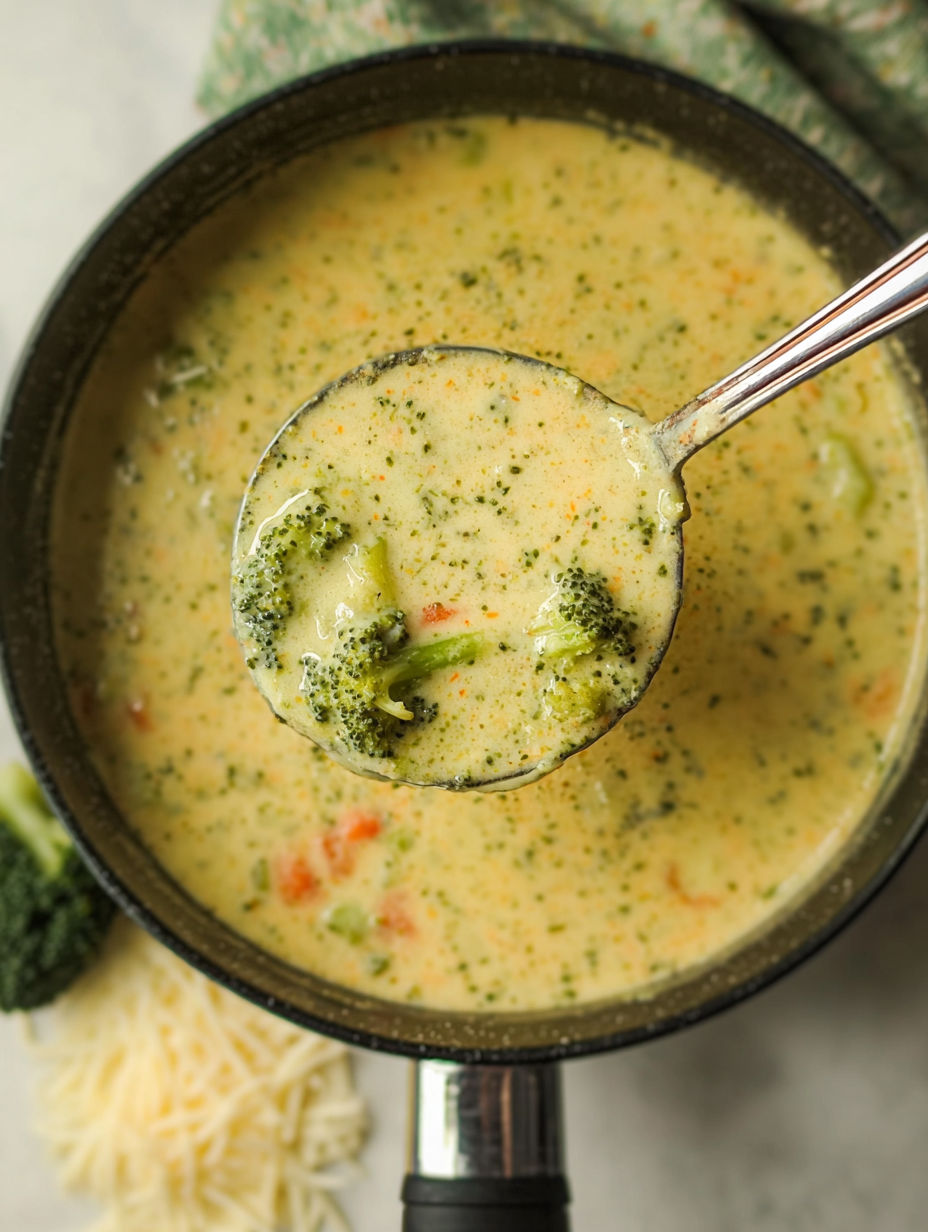 Ein Löffel steck in einem Schüssel mit Suppe.