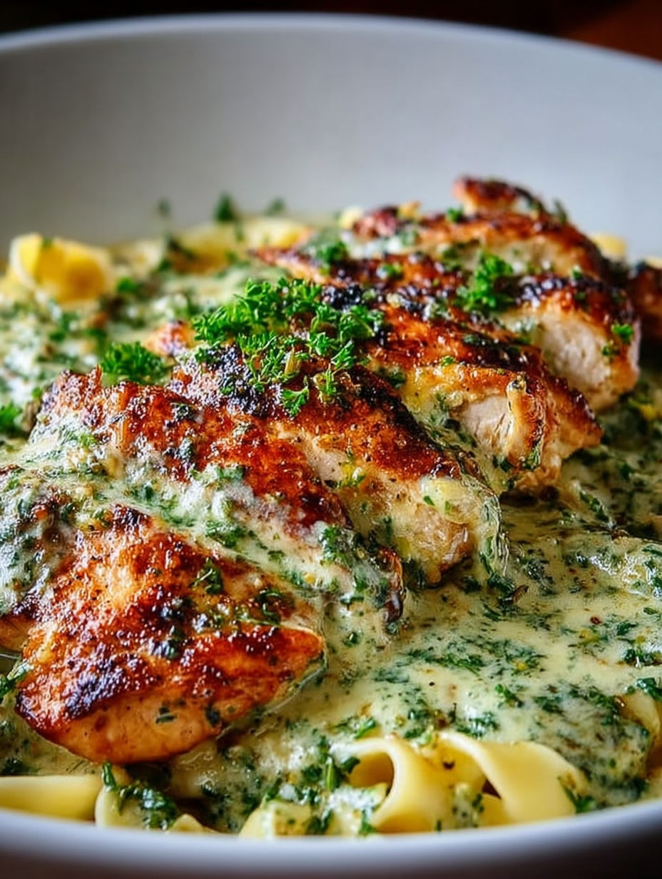 Ein Gericht mit cremigem Pesto-Hähnchen und Pasta.