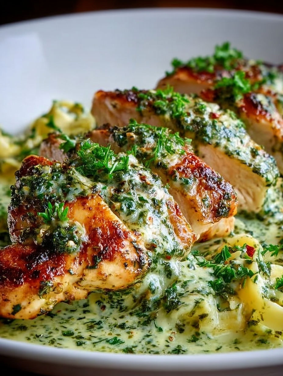 Ein Teller Hähnchen mit cremiger Pestosauce.