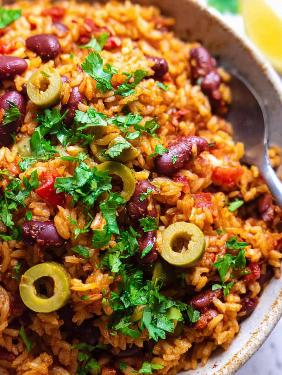 Eine Schüssel Reis mit Bohnen und Frühlingszwiebeln.