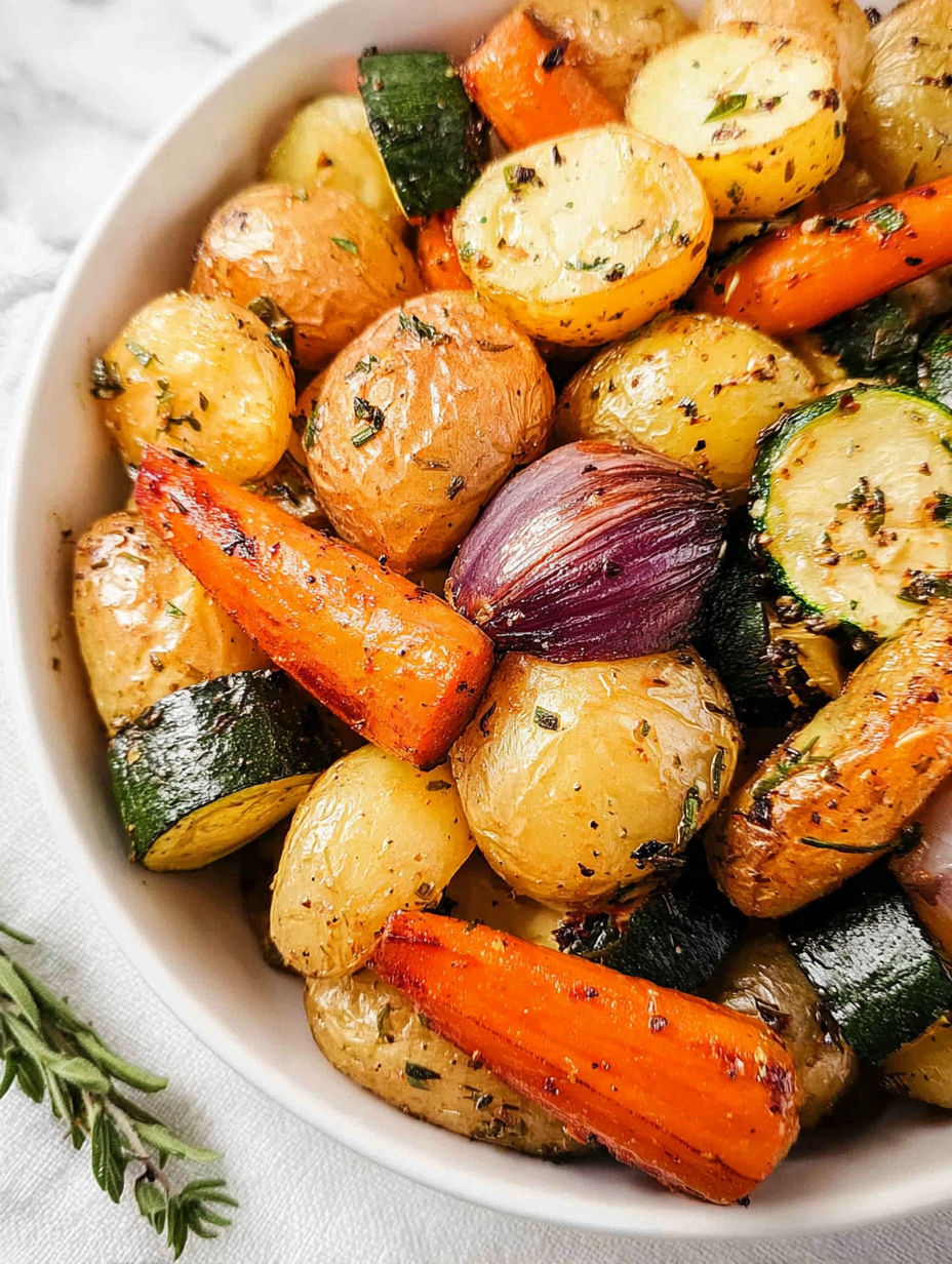 Eine Schüssel mit geröstetem Gemüse wie Karotten, Kartoffeln, Zucchini und Zwiebeln.