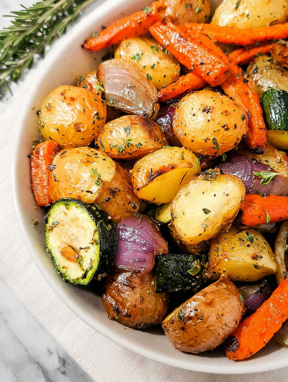 Eine Schüssel mit geröstetem Gemüse aus Kartoffeln, Karotten und Zucchini.