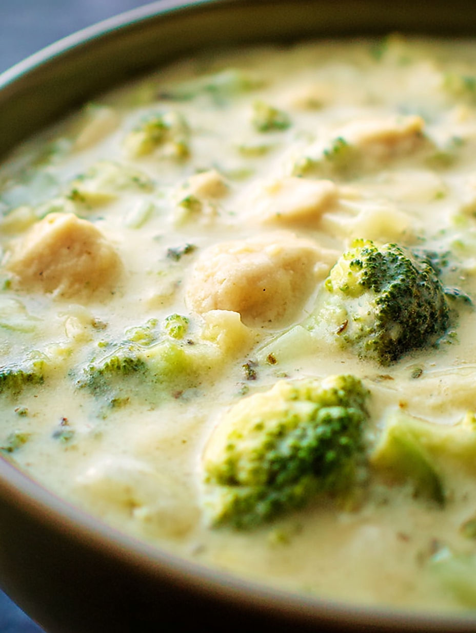 Eine Schüssel Suppe mit Brokkoli und Hühnchen.