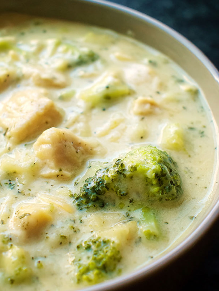 Eine Schüssel Suppe mit Brokkoli und Hähnchen.