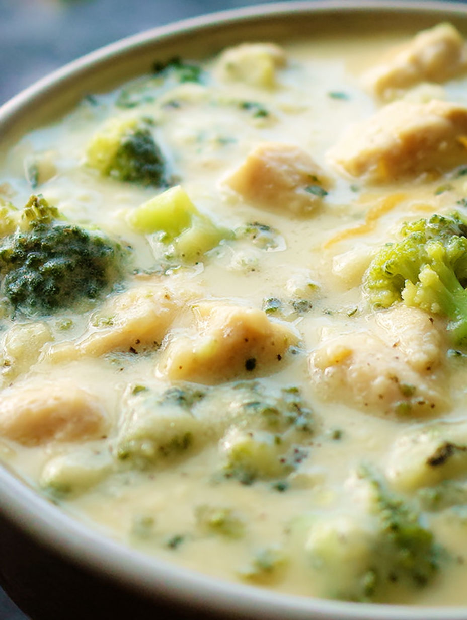 Eine Schüssel Suppe mit Brokkoli und Hähnchen.