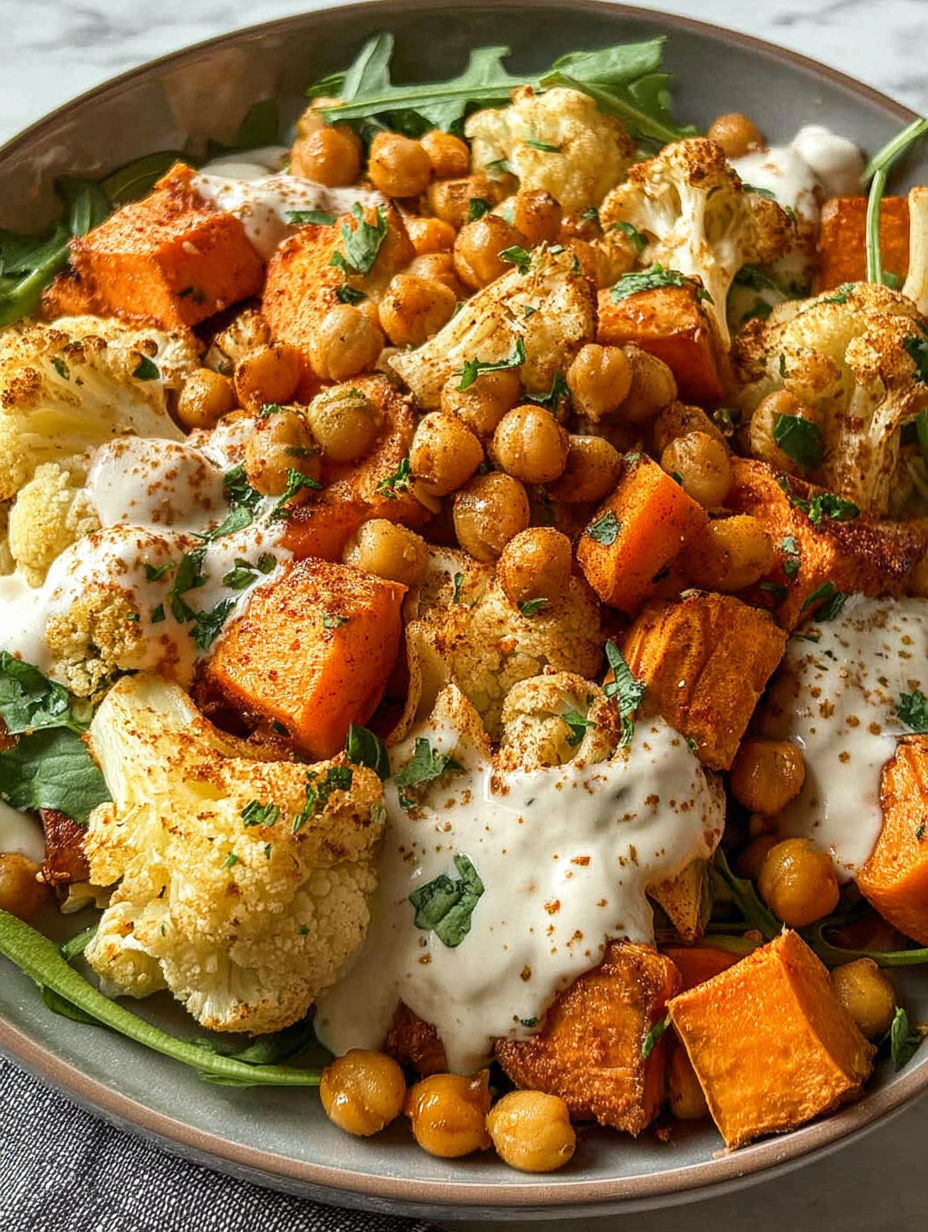 Eine Glow Bowl mit geröstetem Gemüse und Tahini-Joghurt-Soße.