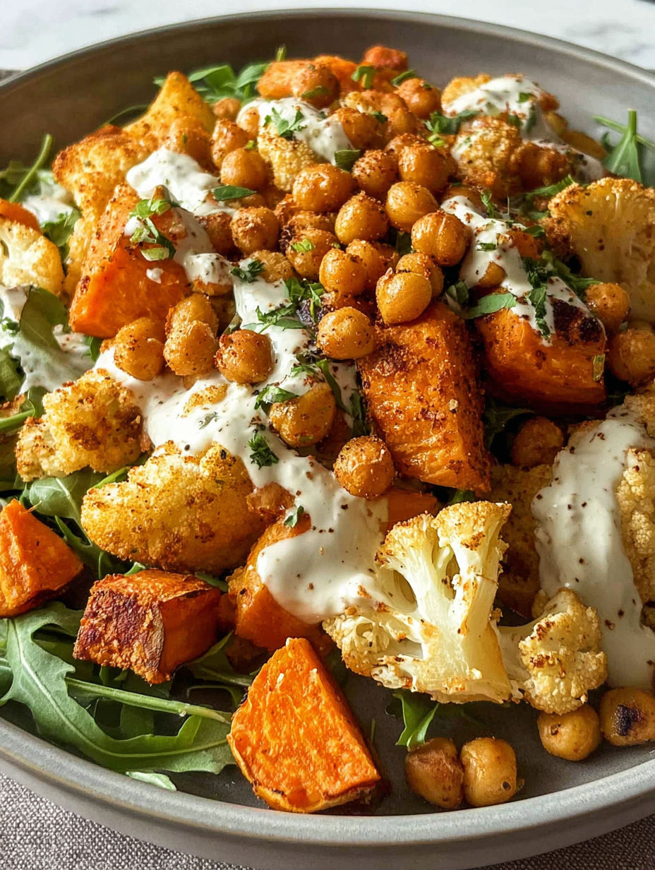 Eine bunte Schüssel mit geröstetem Gemüse und Tahini-Joghurt-Soße.