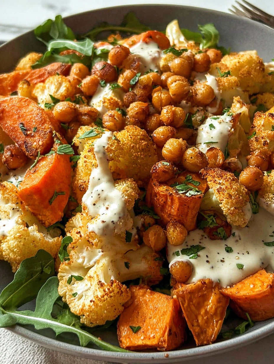 Eine bunte Schüssel mit geröstetem Gemüse und Tahini-Joghurt-Soße.