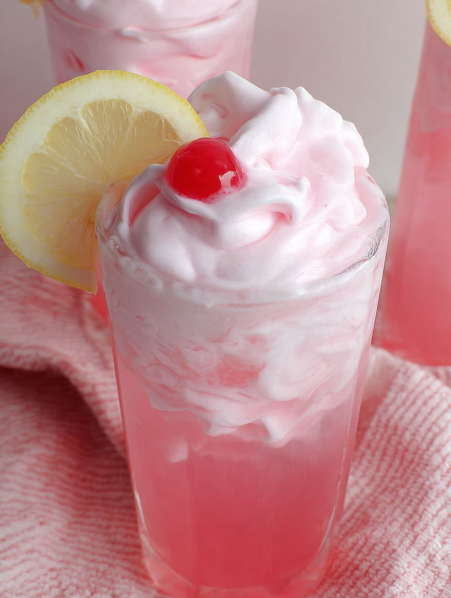 Ein Glas mit cremiger pinker Limonade und einem Zitronenstück darin.