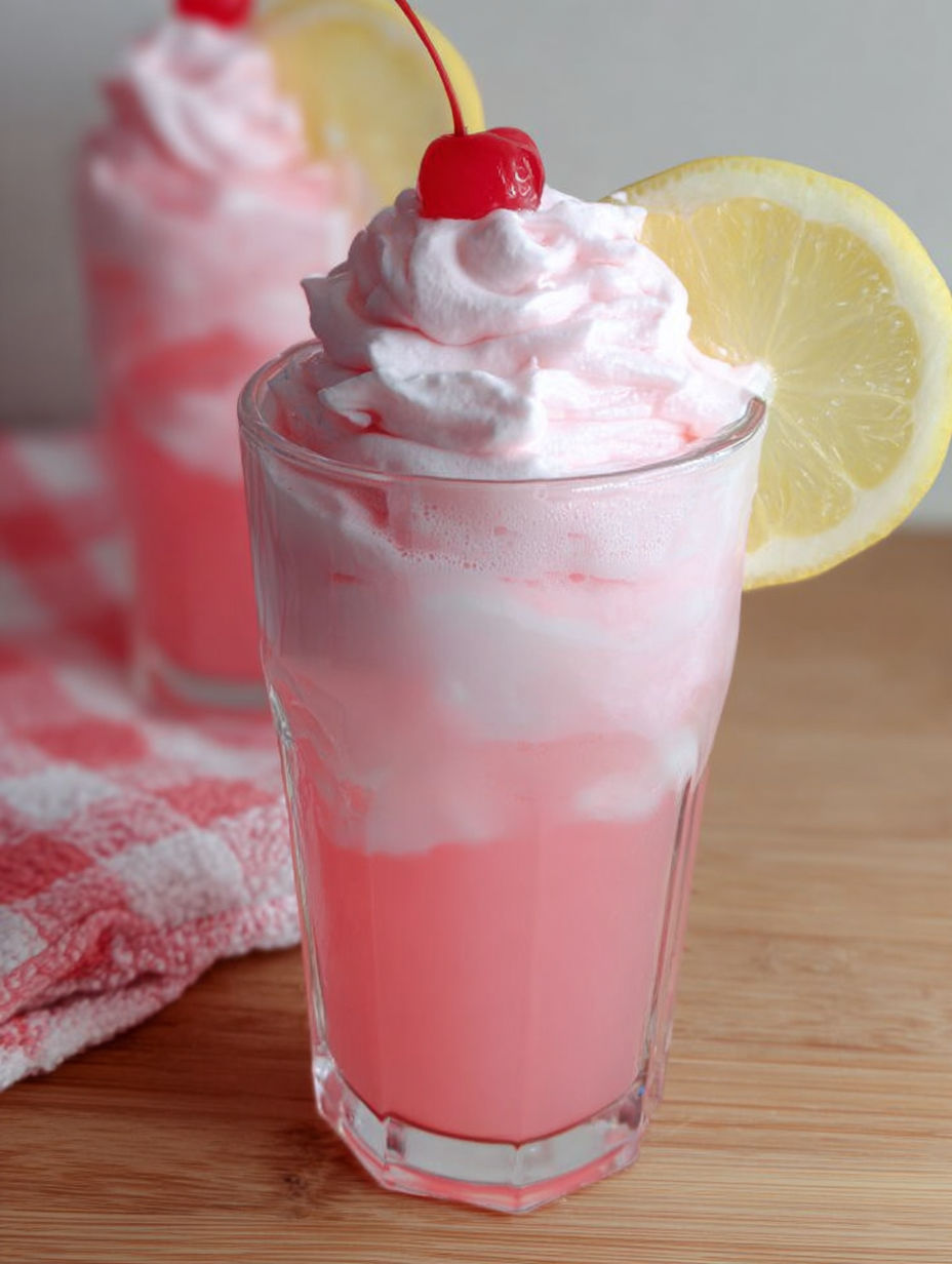 Ein Glas rosa Limonade mit Zitronenscheibe oben drauf.
