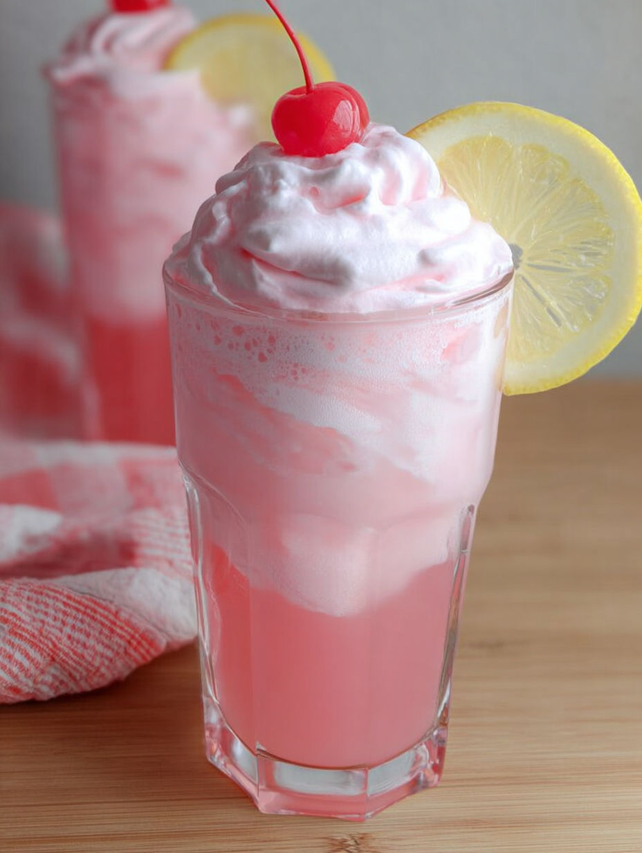 Ein Glas rosa Schlagsahne-Limonade mit Zitronenscheibe oben.