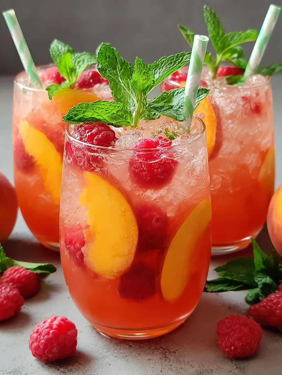 Ein Glas Himbeer Pfirsich Limo mit grünem Strohhalm.