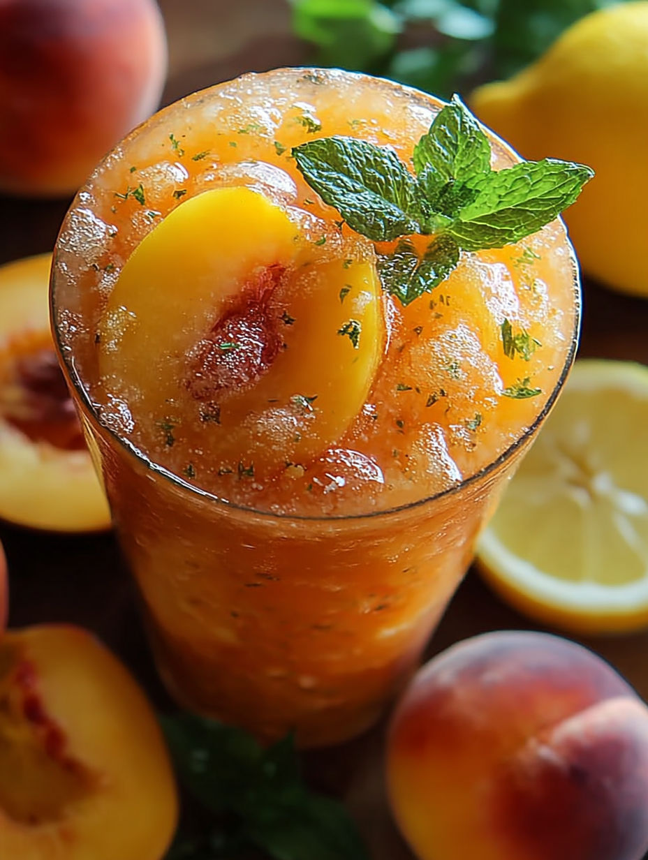 Ein Glas mit gefrorener Pfirsichlimonade.