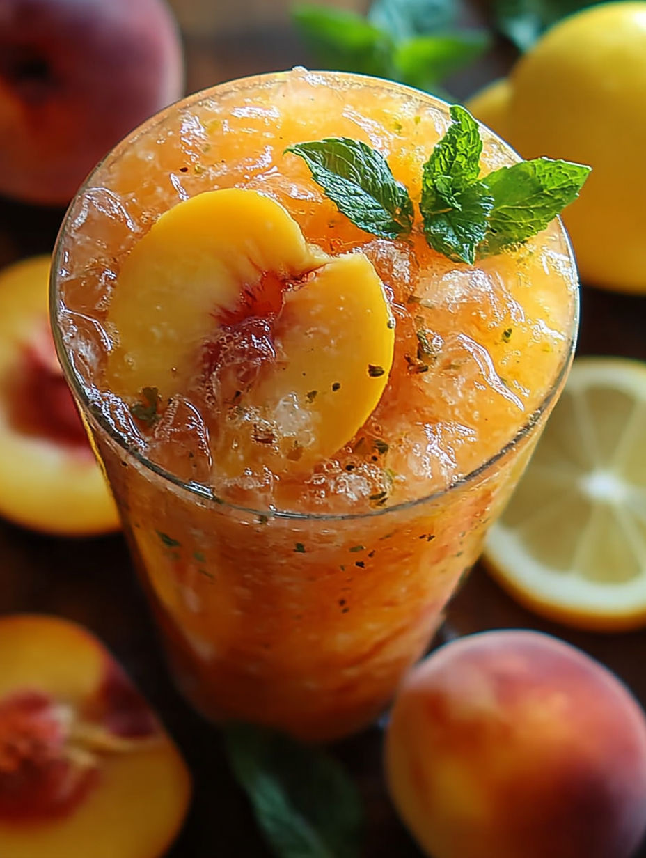 Ein Glas Pfirsichsaft mit einer Zitronenscheibe oben drauf.