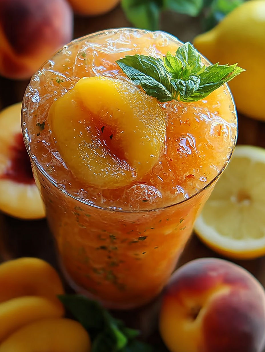 Ein Glas Pfirsichsaft mit einer Zitronenscheibe oben drauf.