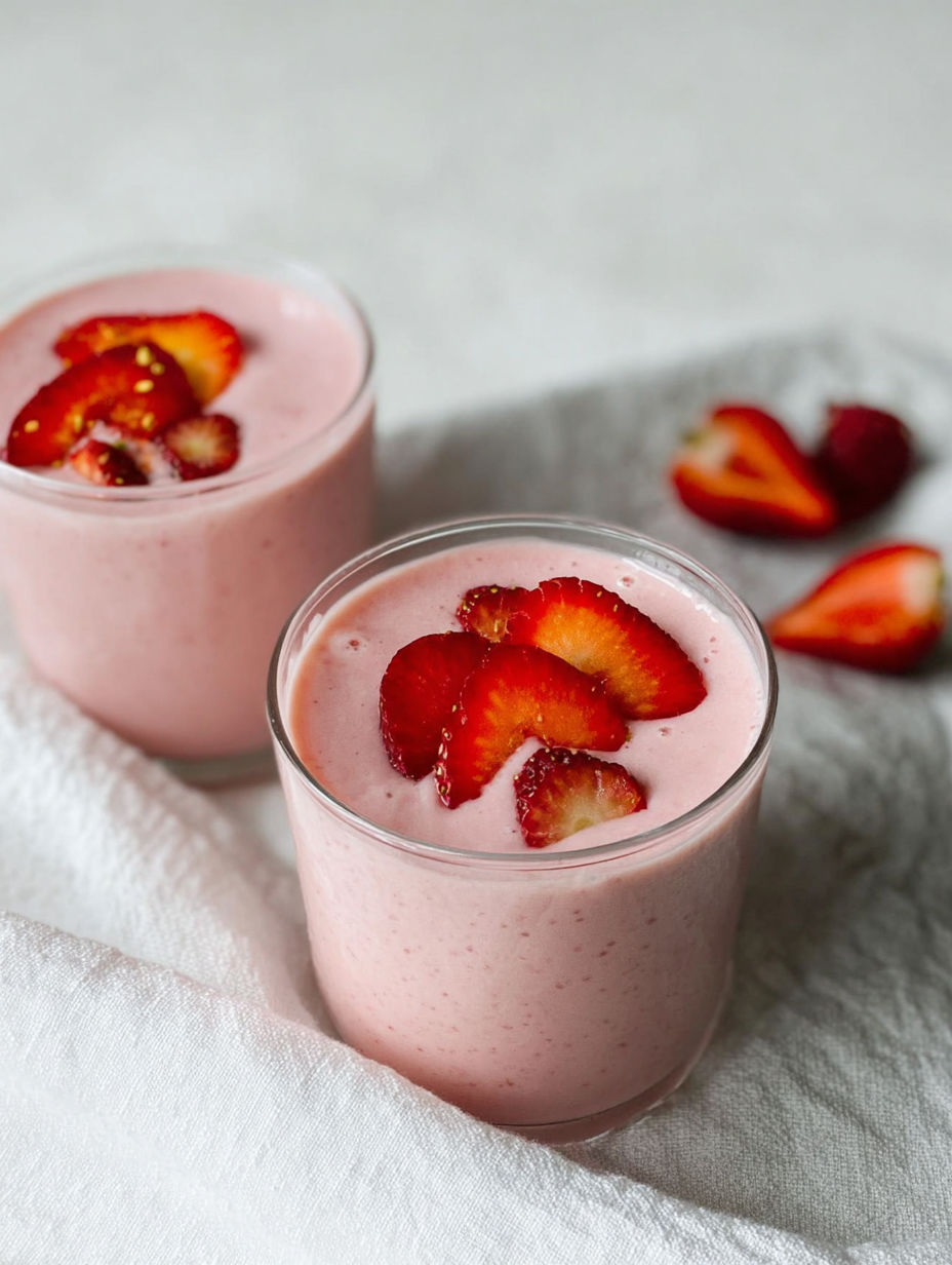 Zwei Gläser mit Erdbeer-Bananen-Smoothie.