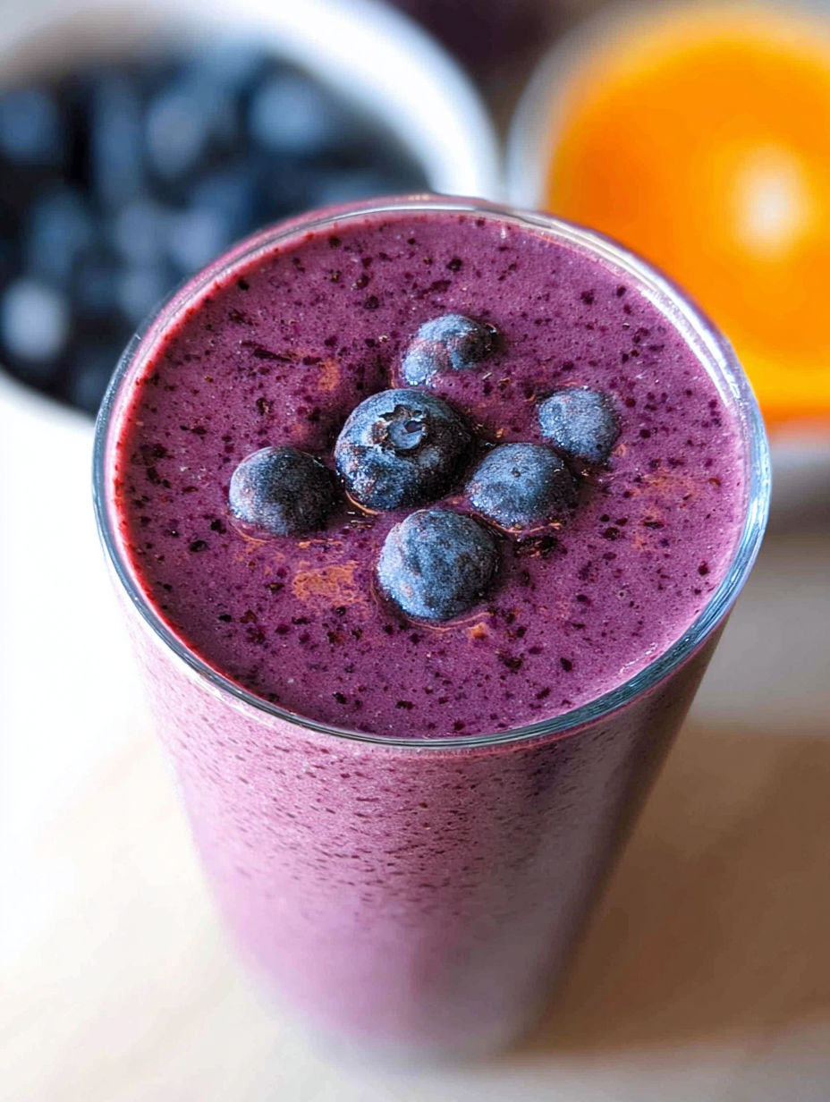 Ein Glas Blaubeer-Shake mit einer Blaubeere oben drauf.