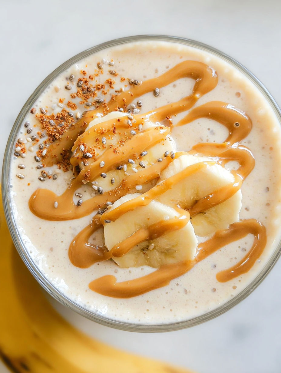 Ein Glas Bananen-Erdnussbutter-Smoothie.
