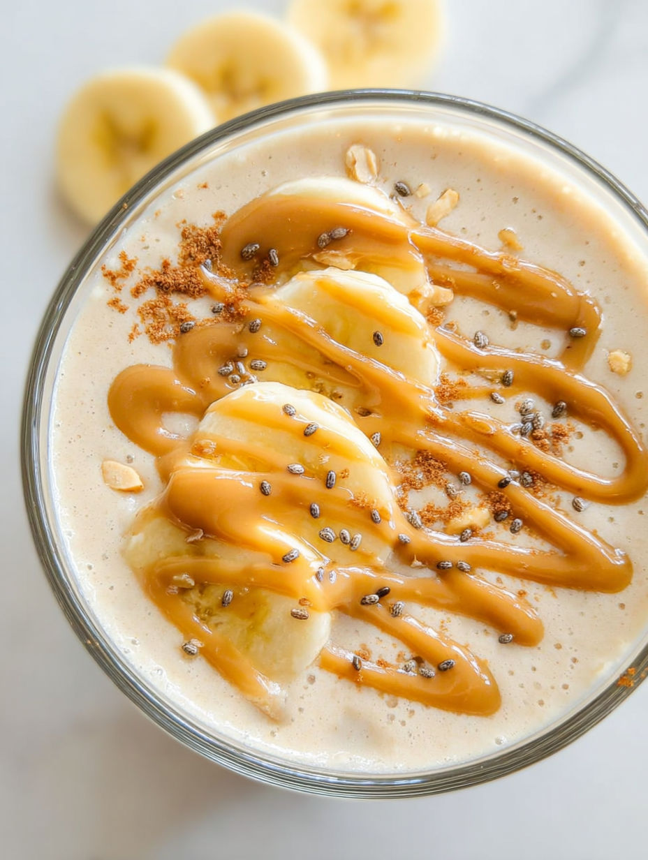 Ein Glas Bananen-Erdnussbutter-Smoothie.