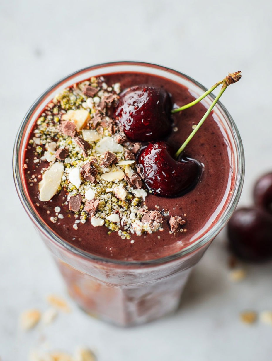 Ein Glas Kakao Kirsch Mix mit Kirsche oben drauf.