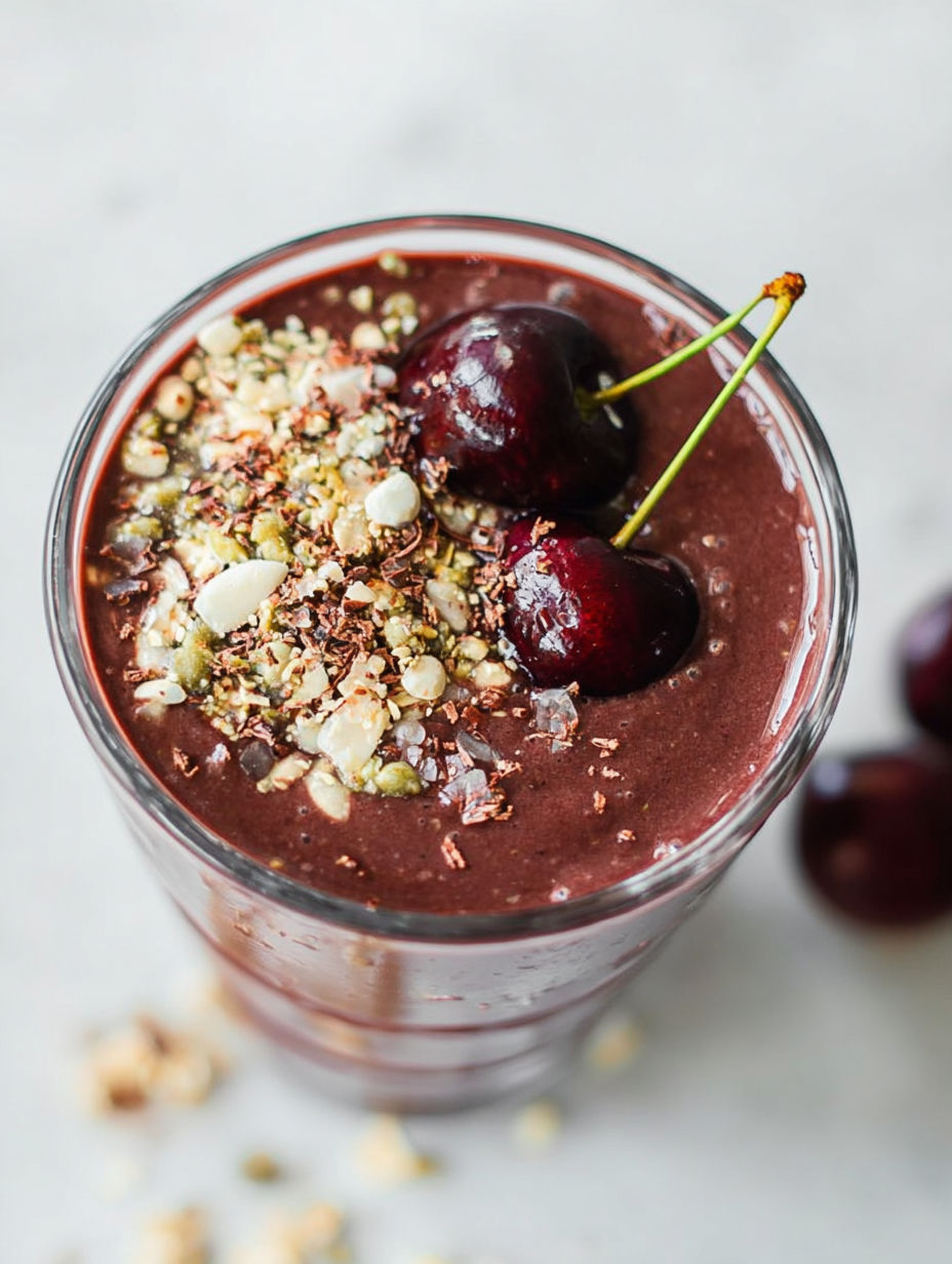 Ein Glas mit schokoladigem Kirsch-Shake, garniert mit Kirschen.