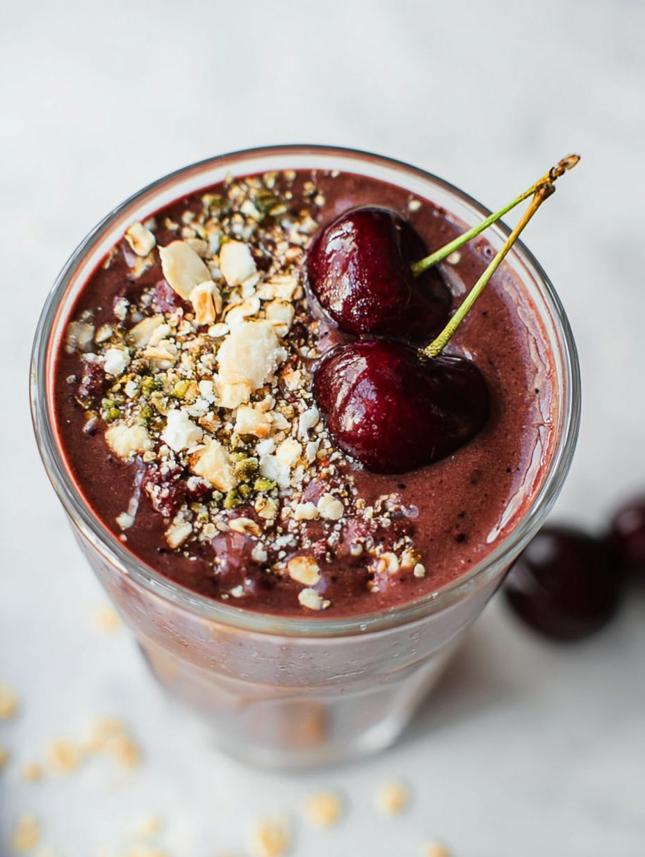 Ein Glas mit schokoladigem Kirsch-Shake, mit Kirschen dekoriert.
