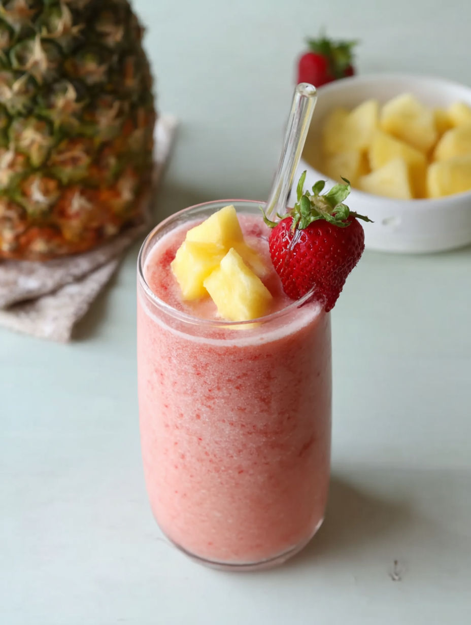 Ein Glas pinker Smoothie mit Erdbeere oben drauf.