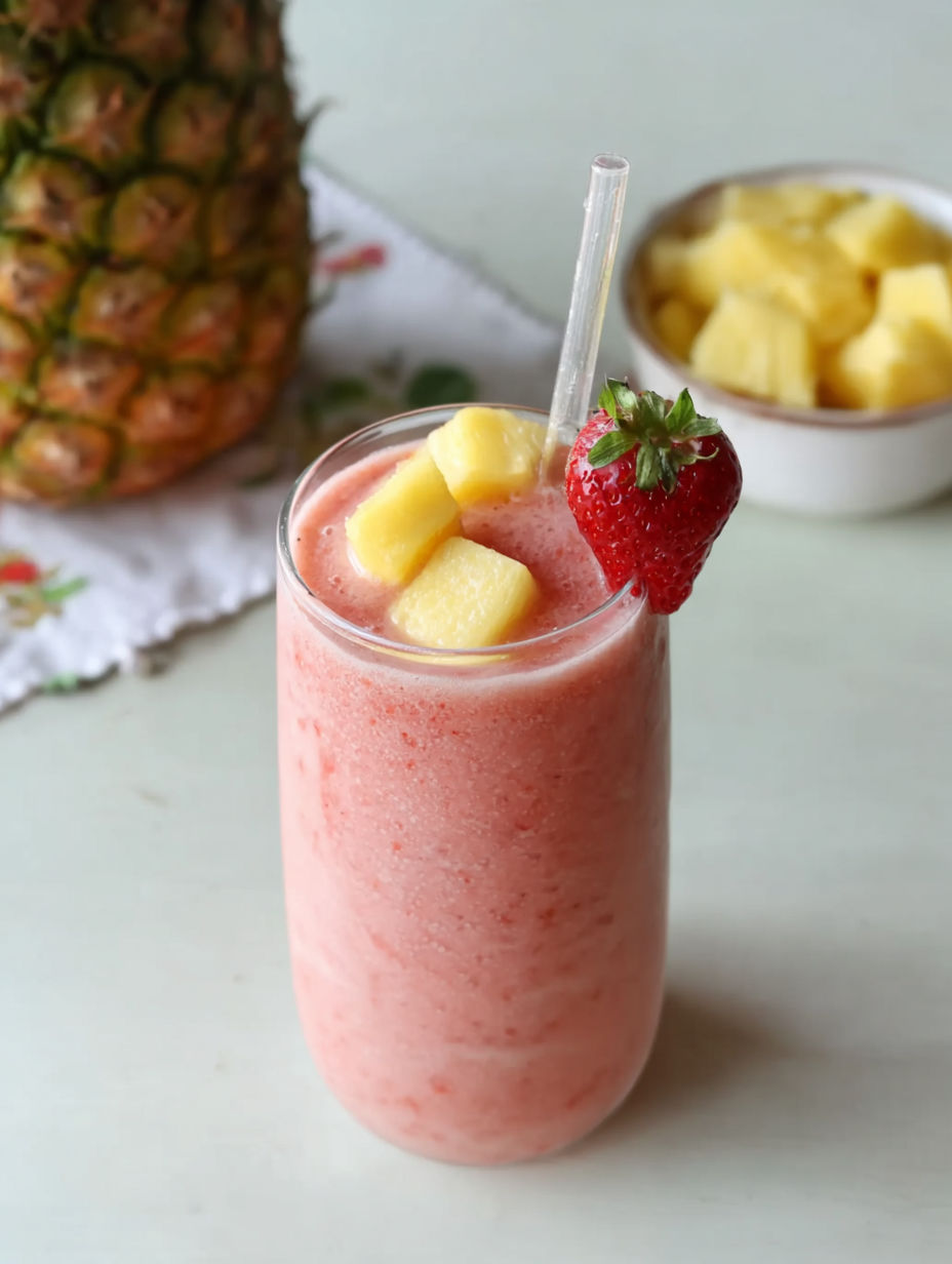 Ein Glas pinkfarbener Shake mit Erdbeere oben drauf.