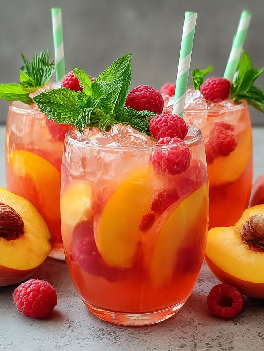 Ein Glas Himbeer-Pfirsich-Limonade mit grünem Strohhalm