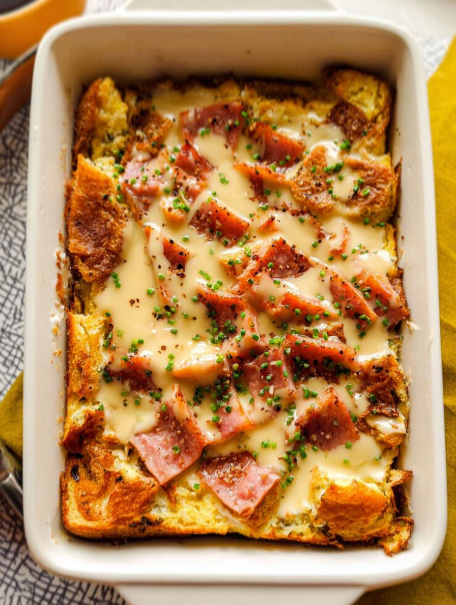 Ein Auflauf mit Schinken und Käse.